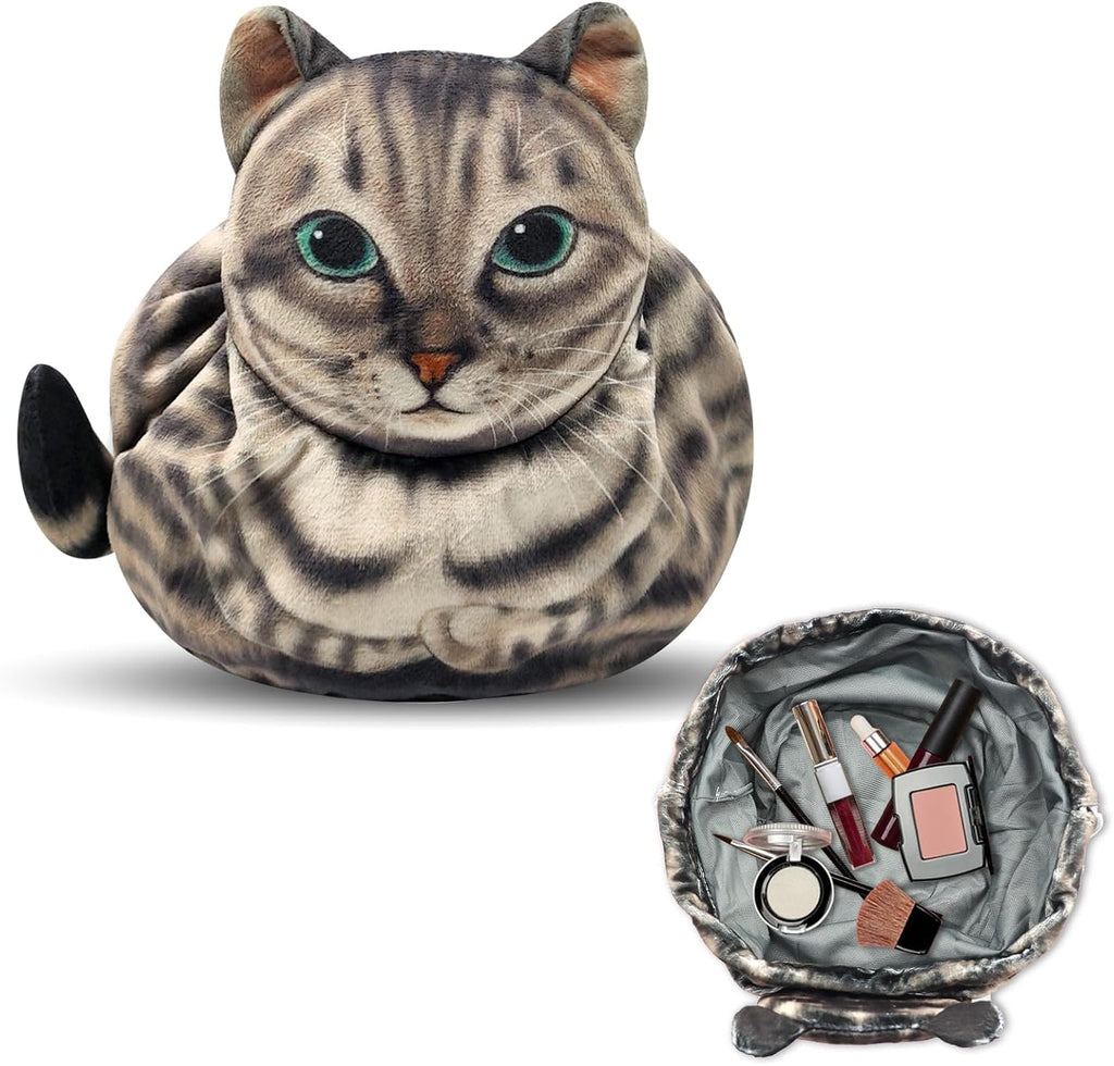 Cat Shaped Drawstring Makeup Bag, Portable Travel Kitten Cosmetic Bag, Flat Lay Toiletry Bag Funny Cat Cosmetic Pouch, Soft Makeup Bag Organizer for Womencat Lovers