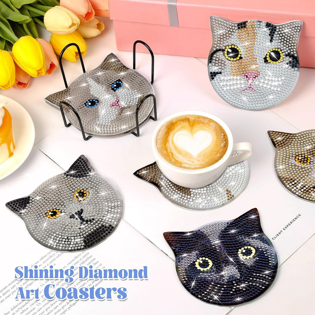 8 Pieces Diamond Painting Coasters Kit with Holder, Diamond Art Coasters, DIY Diamond Art Crafts Projects, Diamond Dot Kits for Adults and Beginners(Cat Style)