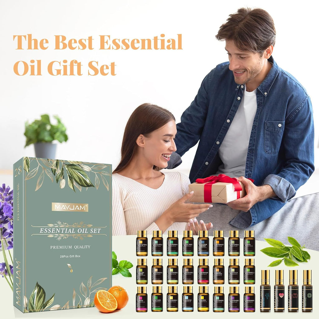 Essential Oils Set, 24 Essential Oil + 4 Blends Essential Oil Roll | Happy, Relax, Air Freshening, for Diffuser, Humidifier, Aromatherapy, Candle & Soap Making, Massage - Essential Oils Gift Set