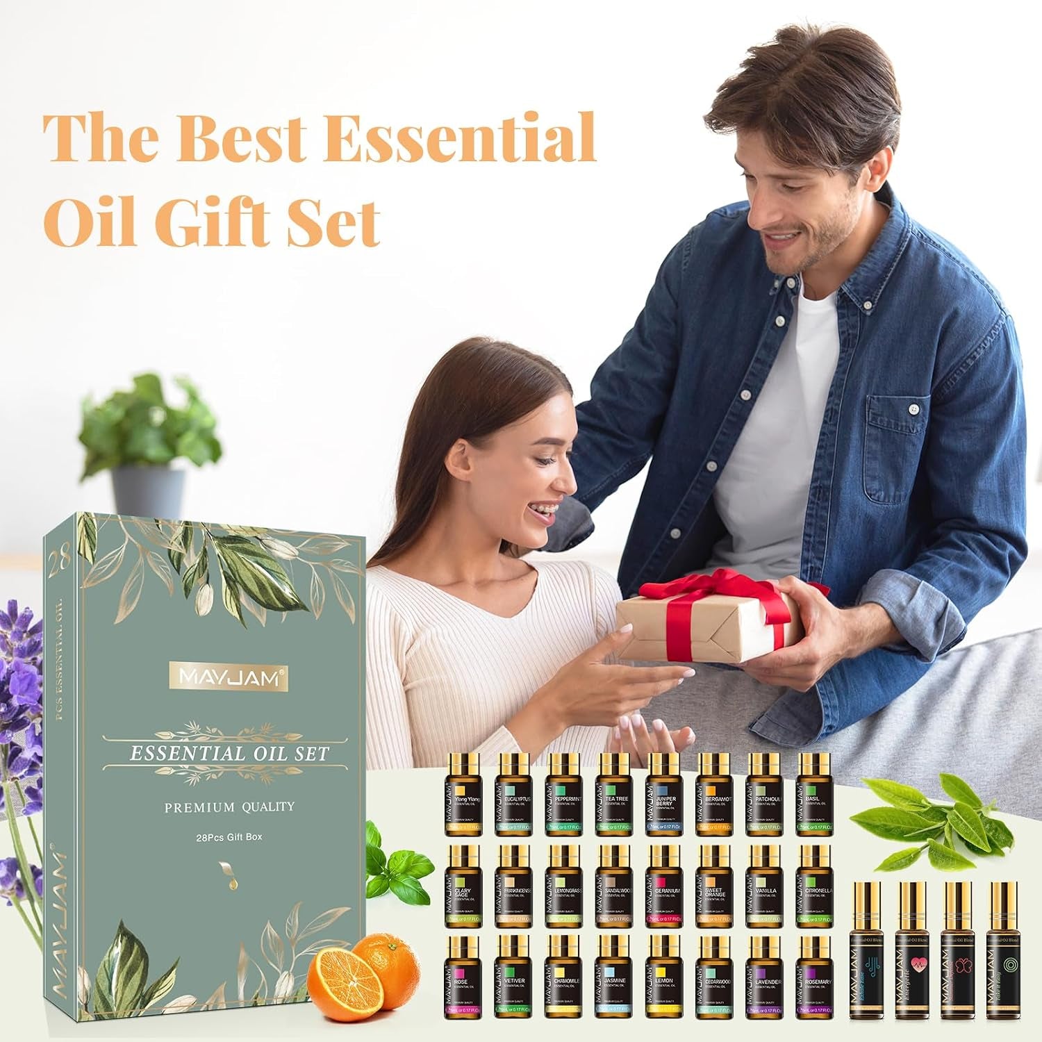 Essential Oils Set, 24 Essential Oil + 4 Blends Essential Oil Roll | Happy, Relax, Air Freshening, for Diffuser, Humidifier, Aromatherapy, Candle & Soap Making, Massage - Essential Oils Gift Set
