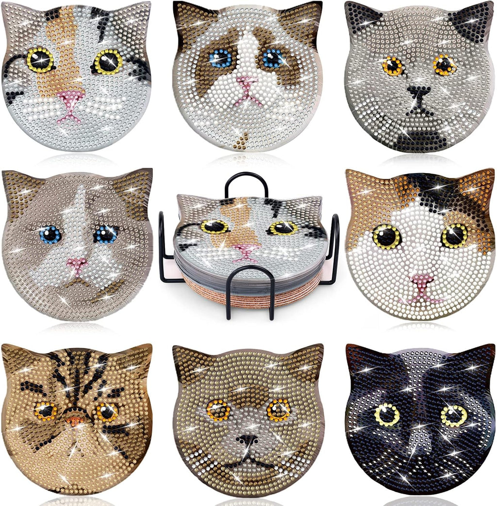 8 Pieces Diamond Painting Coasters Kit with Holder, Diamond Art Coasters, DIY Diamond Art Crafts Projects, Diamond Dot Kits for Adults and Beginners(Cat Style)