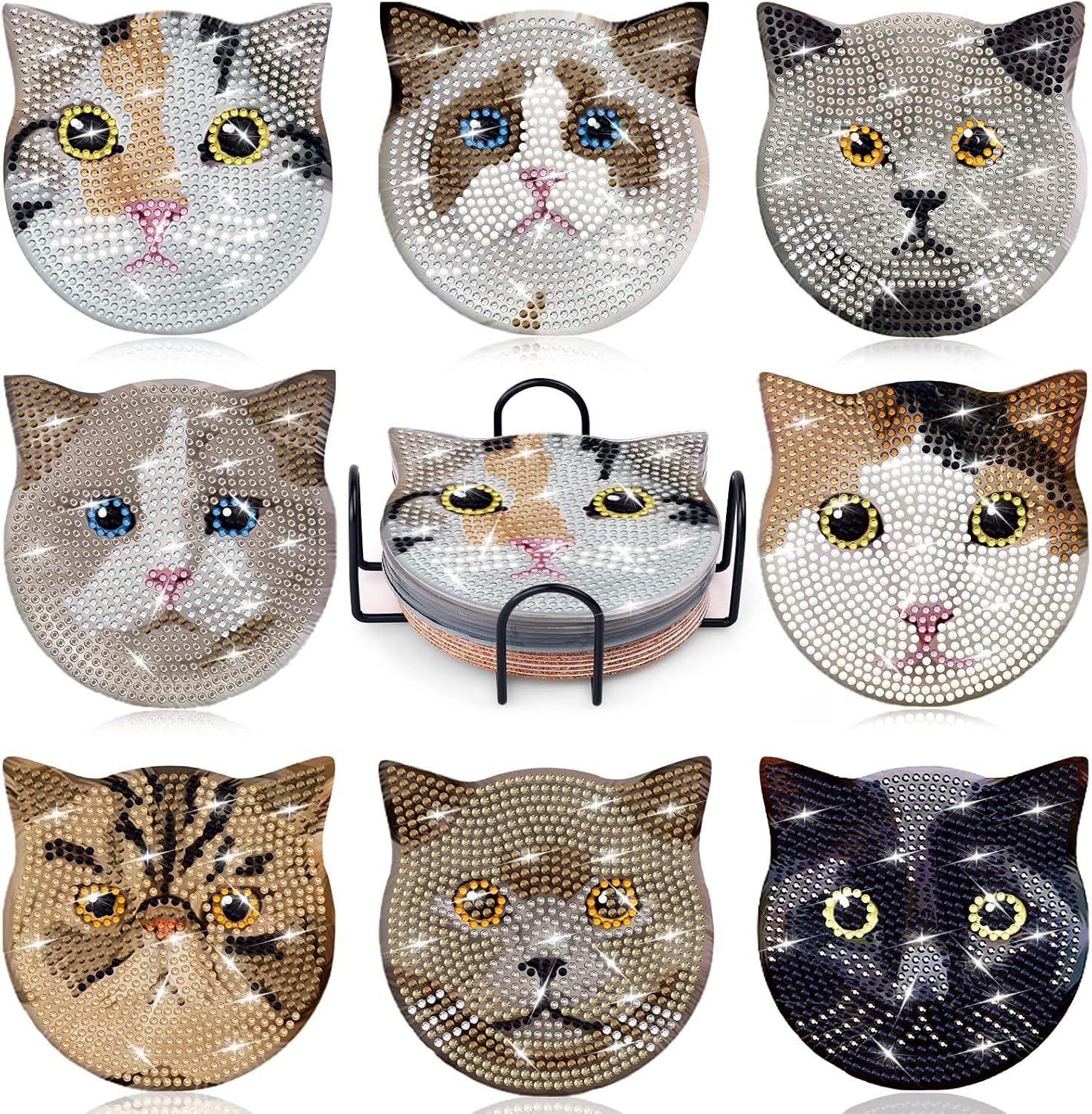 8 Pieces Diamond Painting Coasters Kit with Holder, Diamond Art Coasters, DIY Diamond Art Crafts Projects, Diamond Dot Kits for Adults and Beginners(Cat Style)