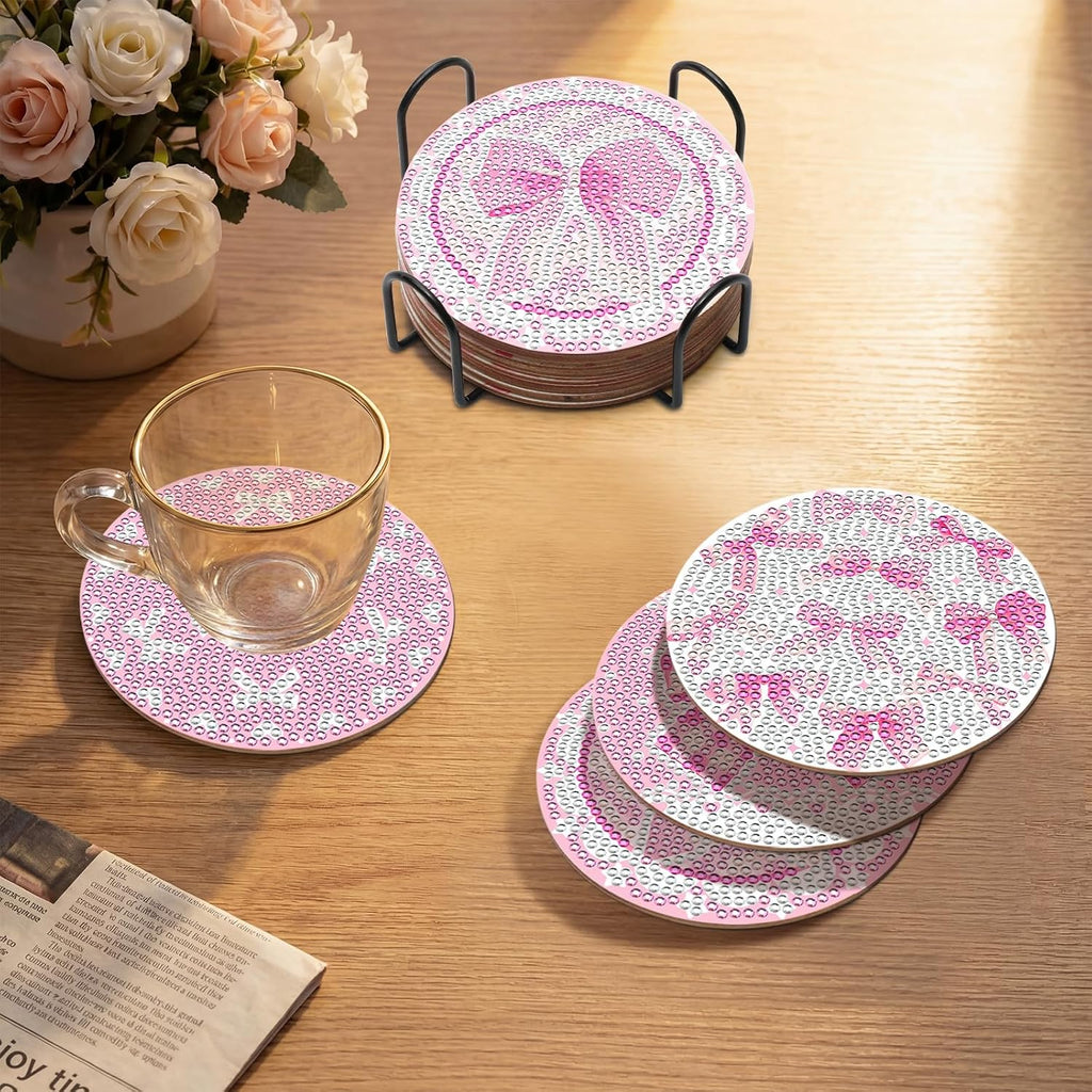 8PCS Pink Bowknot Diamond Art Coasters Set DIY Diamond Coasters Kit Office Home Kitchen Bows Cup Diamonds Painting Coaster