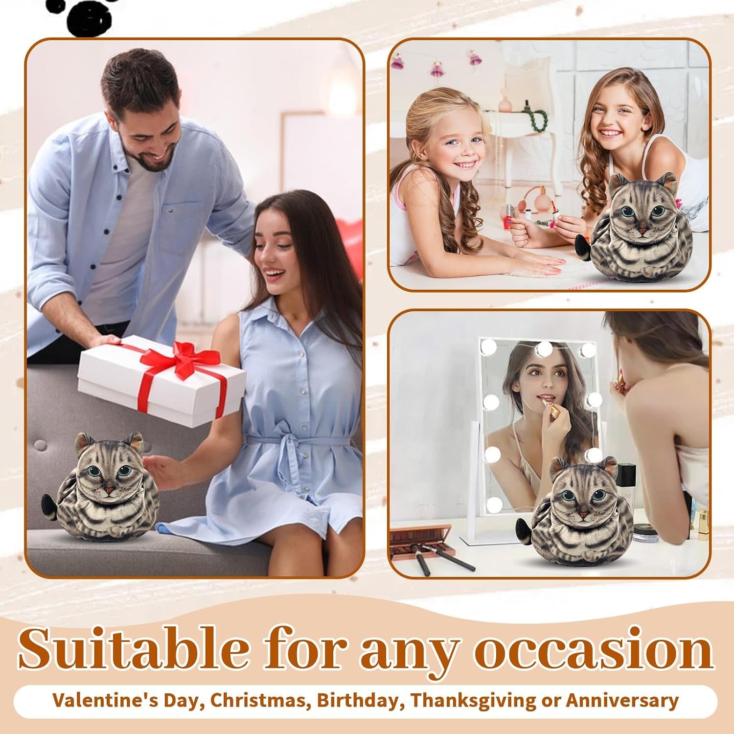 Cat Shaped Drawstring Makeup Bag, Portable Travel Kitten Cosmetic Bag, Flat Lay Toiletry Bag Funny Cat Cosmetic Pouch, Soft Makeup Bag Organizer for Womencat Lovers