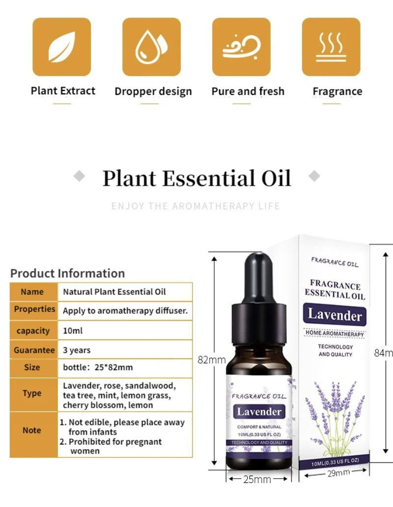 10Ml Essential Oil with Dropper for Diffuser Natural Plant Lemon Grass Peppermint Rose Lavender Sandalwood Aroma Essential Oils