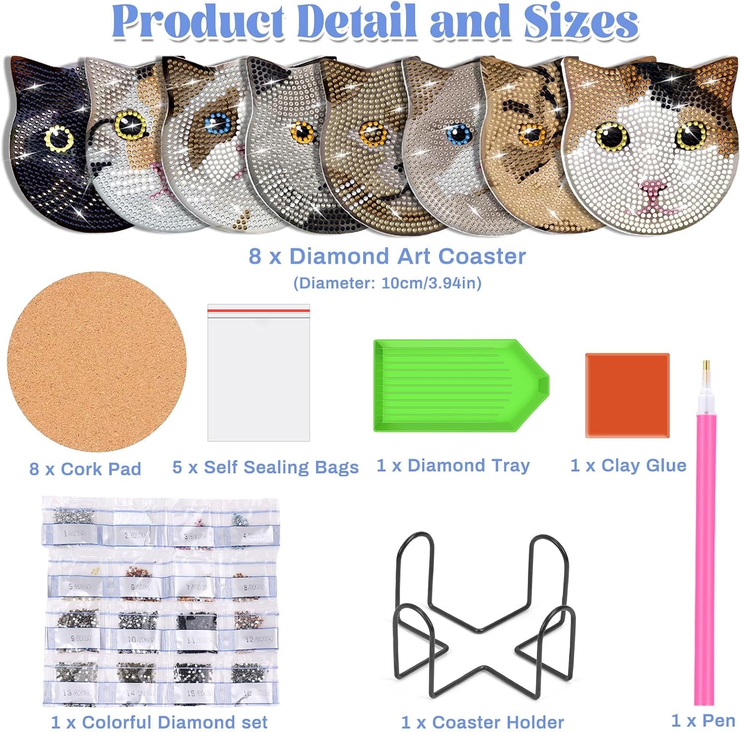 8 Pieces Diamond Painting Coasters Kit with Holder, Diamond Art Coasters, DIY Diamond Art Crafts Projects, Diamond Dot Kits for Adults and Beginners(Cat Style)