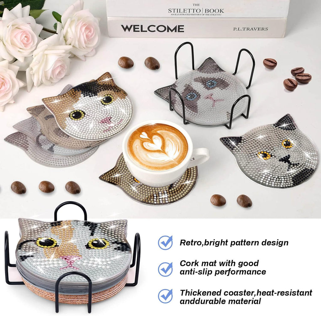 8 Pieces Diamond Painting Coasters Kit with Holder, Diamond Art Coasters, DIY Diamond Art Crafts Projects, Diamond Dot Kits for Adults and Beginners(Cat Style)
