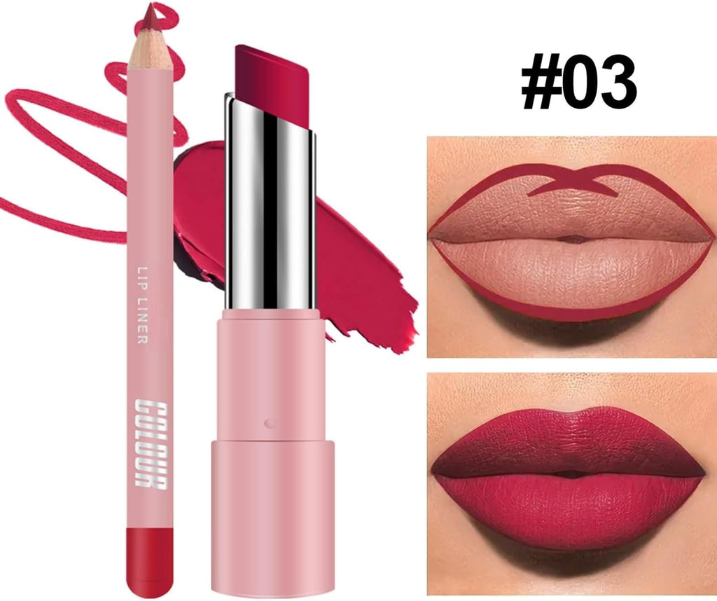 2-In-1 Lipstick Lip Liner Set,Long Lasting Waterproof Matte Lipstick & Lip Liner Kit,High Pigm/Ented Red Lipstick,Non-Stick Cup Lip Gloss Set,Lip Liner and Lipstick Set for Daily & Holiday,03#