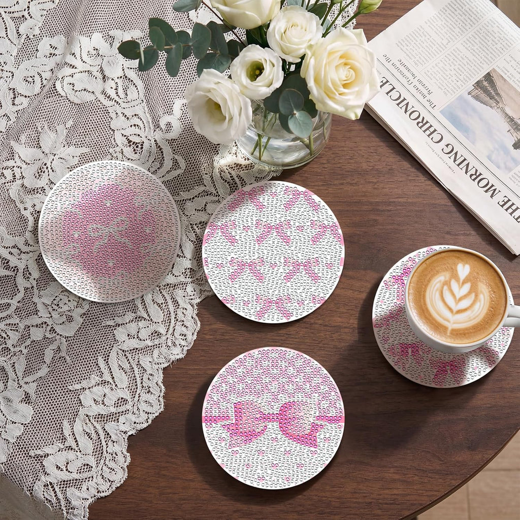 8PCS Pink Bowknot Diamond Art Coasters Set DIY Diamond Coasters Kit Office Home Kitchen Bows Cup Diamonds Painting Coaster