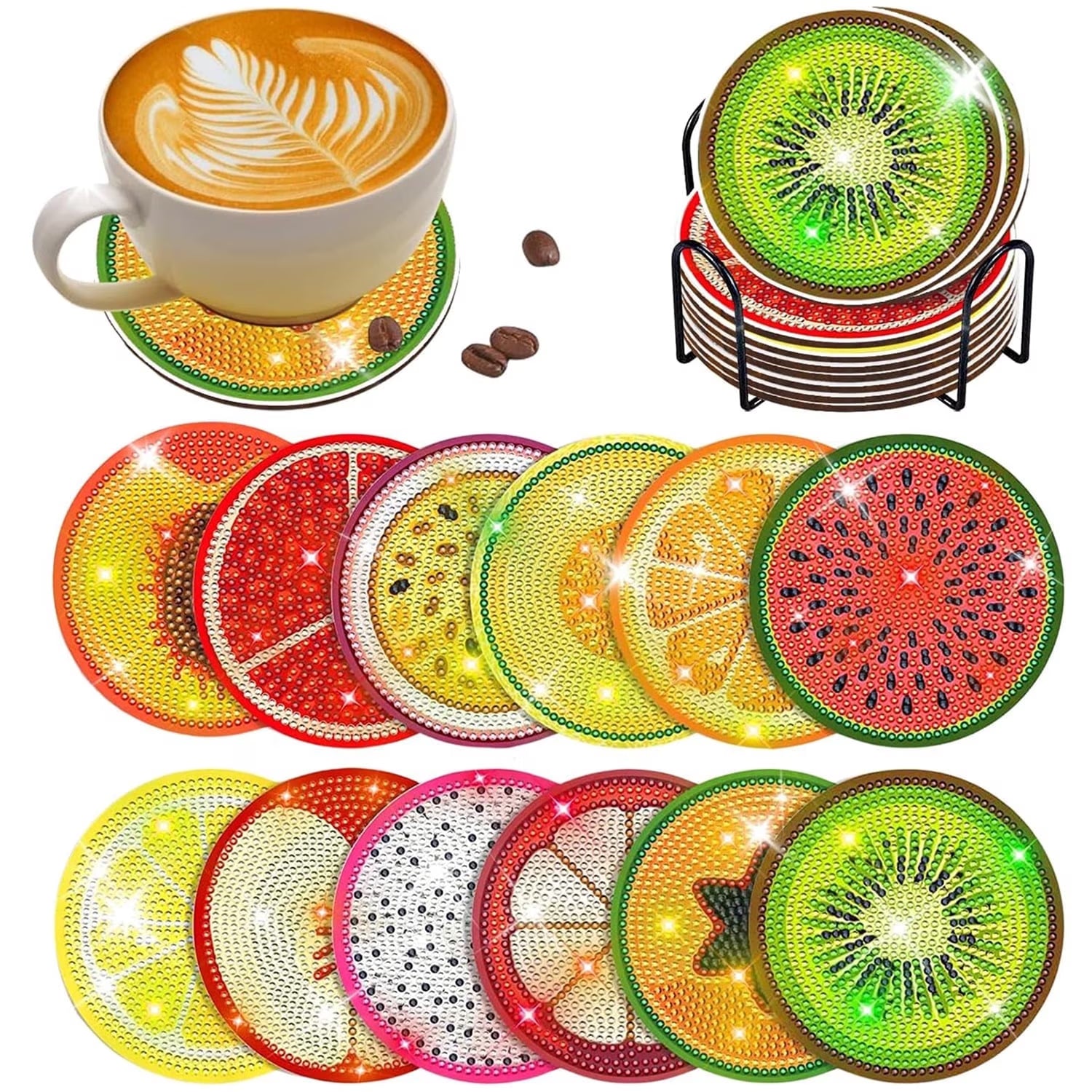 12 Pieces Diamond Art Painting Coasters Kit with Holder, Diamond Art Coasters, DIY Diamond Crafts Projects, Diamond Dot Kits for Adults and Beginners(Fruit Style)