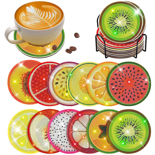 12 Pieces Diamond Art Painting Coasters Kit with Holder, Diamond Art Coasters, DIY Diamond Crafts Projects, Diamond Dot Kits for Adults and Beginners(Fruit Style)