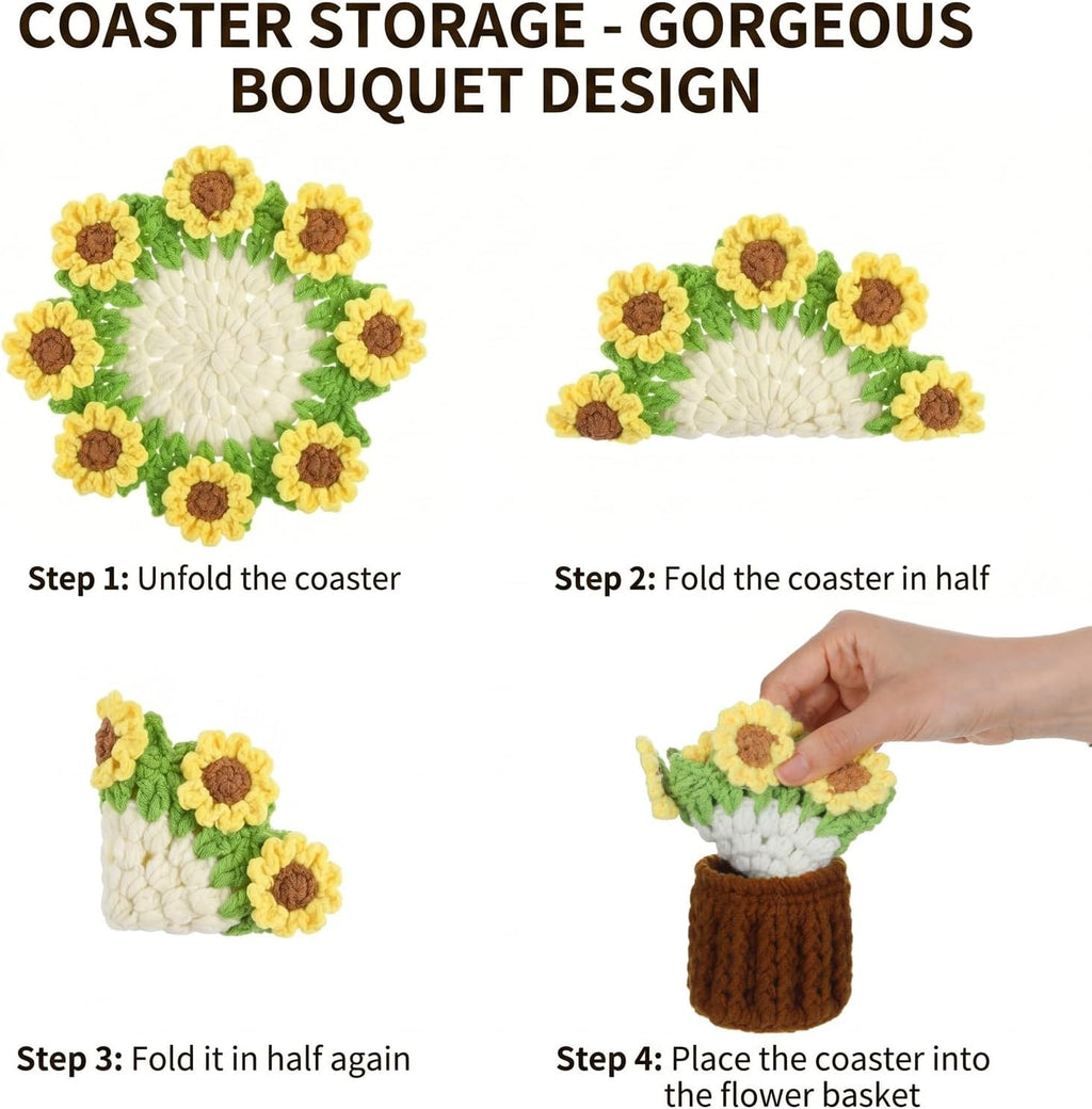 Handmade Crochet Sunflower Coaster, Knitted Flowers Desk Coaster, Absorbent Cute Crochet Flower Coasters for Coffee Tabletop Protection and Home Decor Housewarming Gift