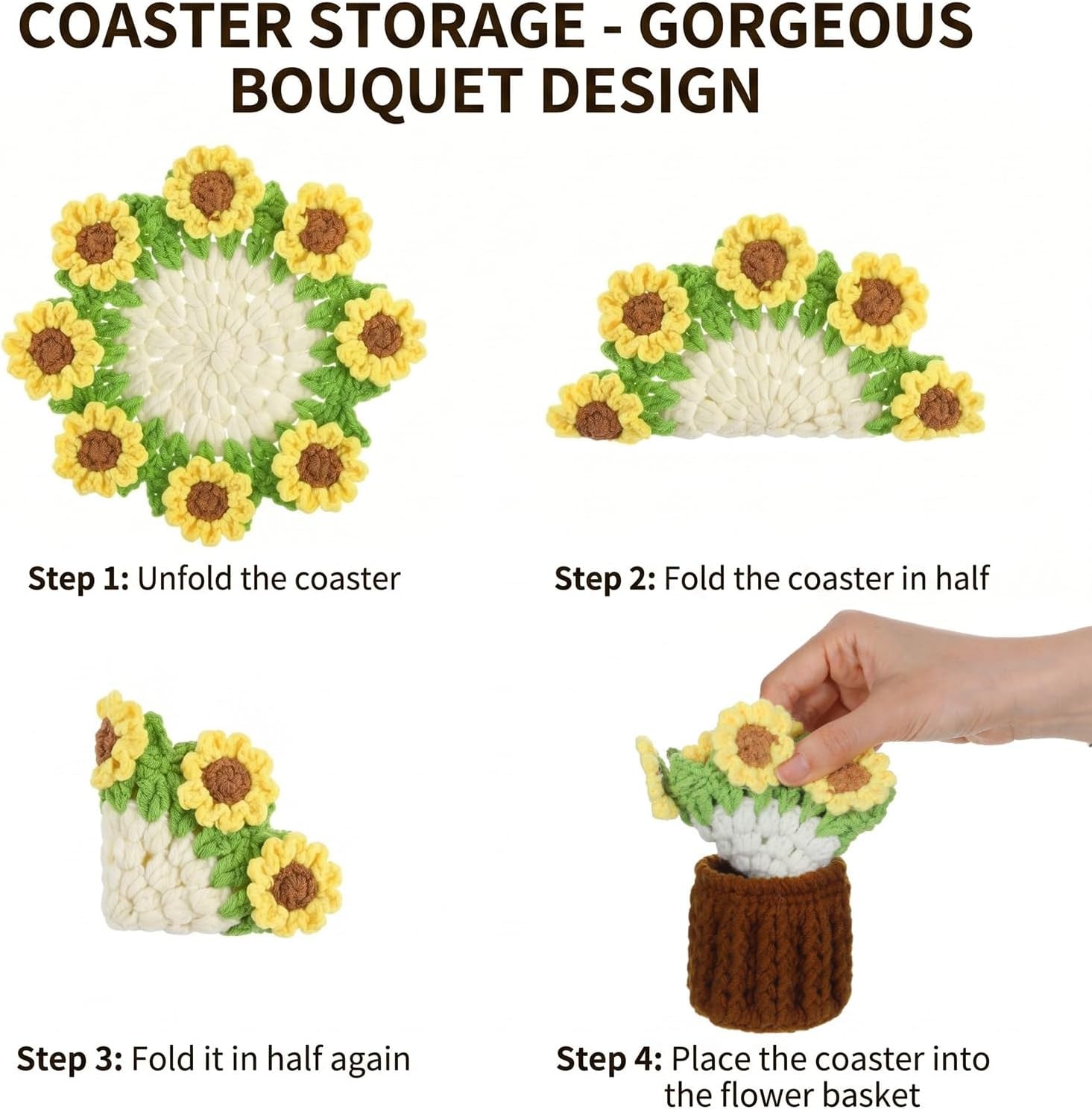 Handmade Crochet Sunflower Coaster, Knitted Flowers Desk Coaster, Absorbent Cute Crochet Flower Coasters for Coffee Tabletop Protection and Home Decor Housewarming Gift