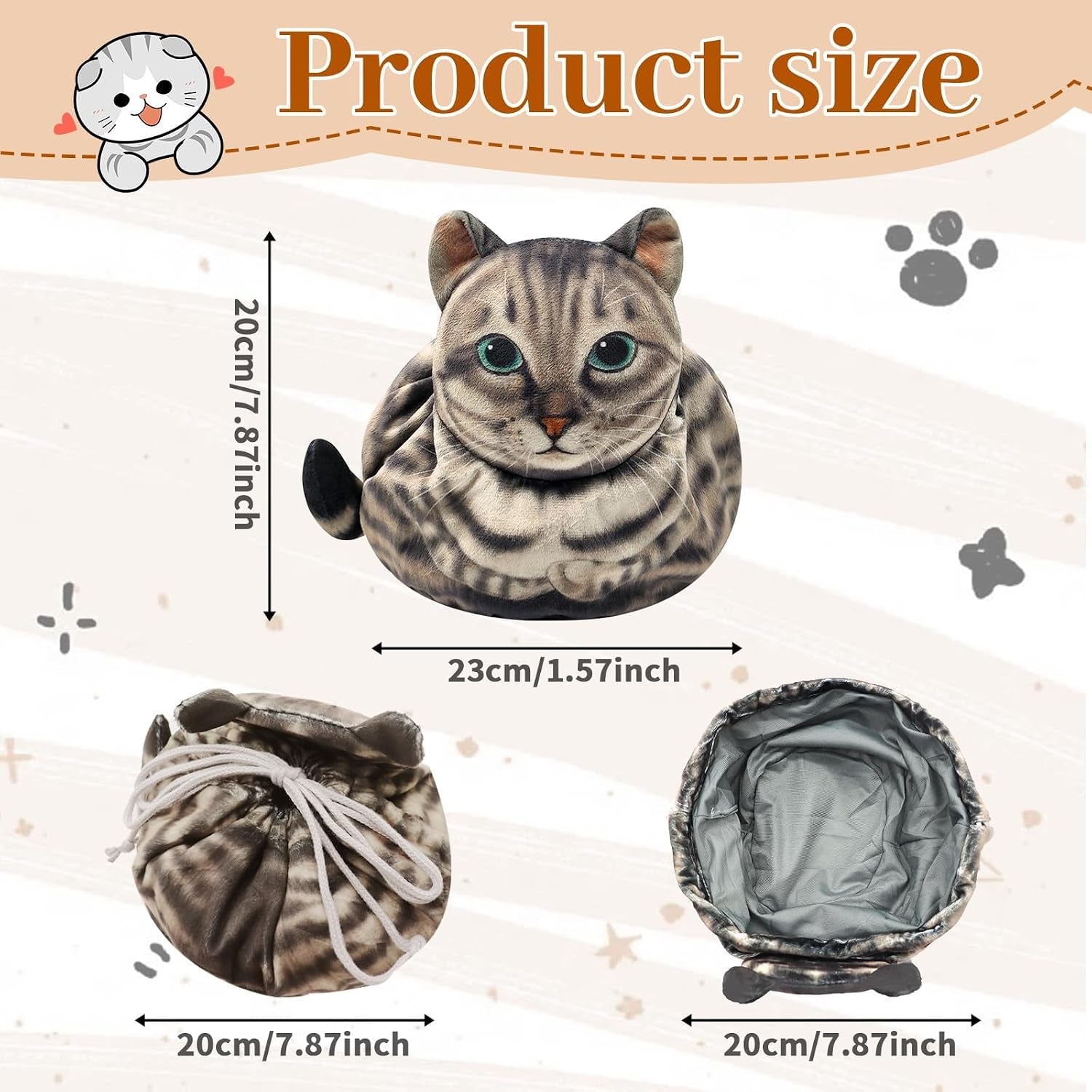 Cat Shaped Drawstring Makeup Bag, Portable Travel Kitten Cosmetic Bag, Flat Lay Toiletry Bag Funny Cat Cosmetic Pouch, Soft Makeup Bag Organizer for Womencat Lovers