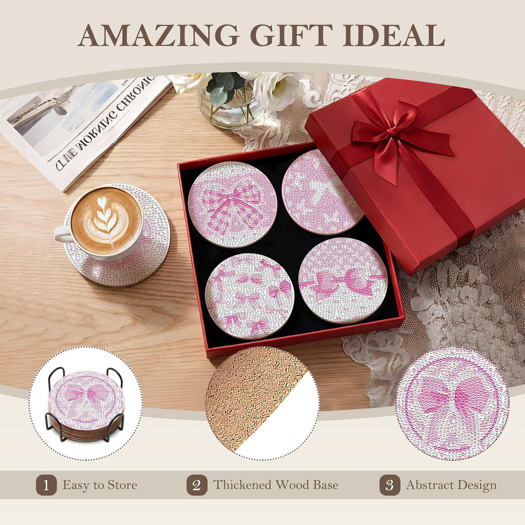 8PCS Pink Bowknot Diamond Art Coasters Set DIY Diamond Coasters Kit Office Home Kitchen Bows Cup Diamonds Painting Coaster