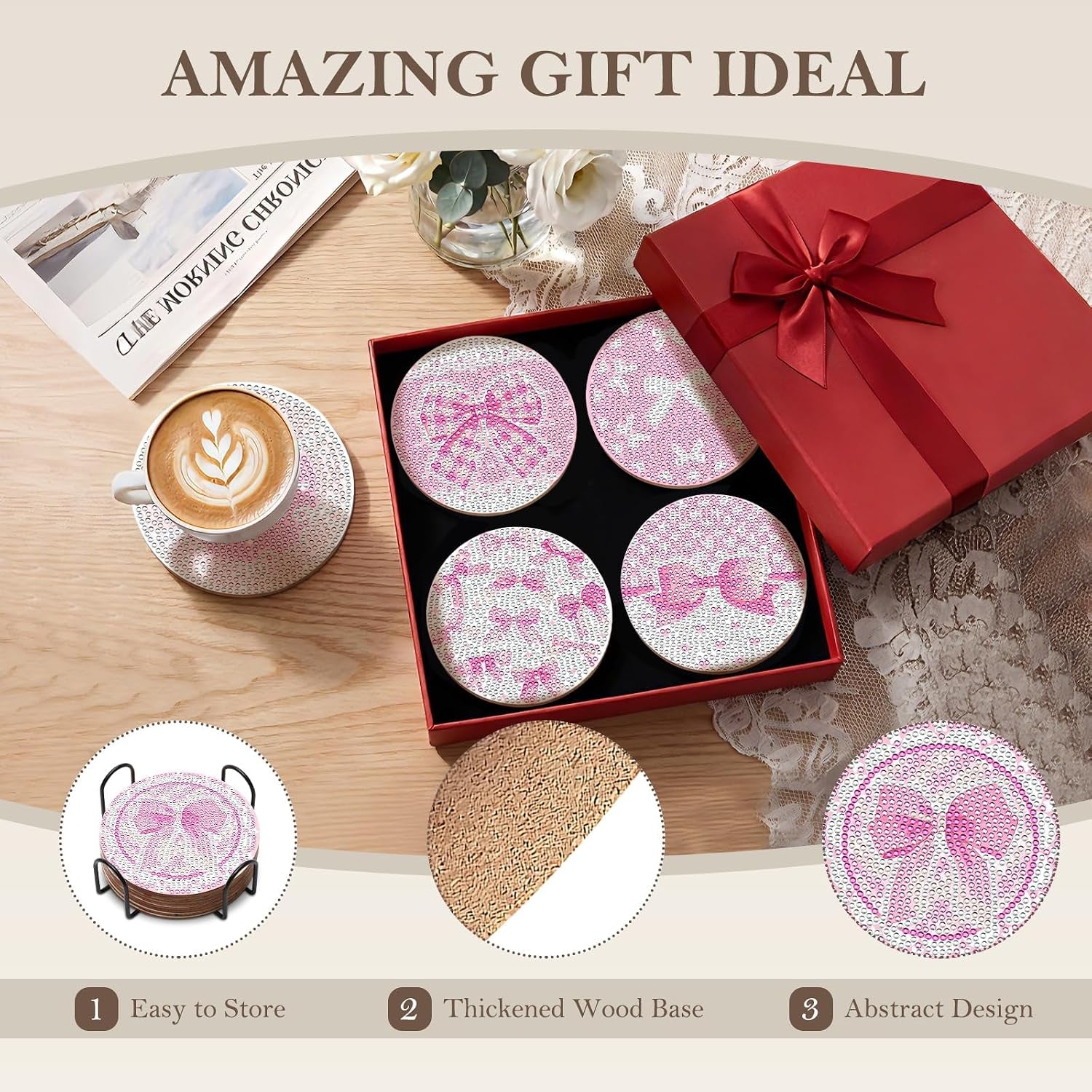 8PCS Pink Bowknot Diamond Art Coasters Set DIY Diamond Coasters Kit Office Home Kitchen Bows Cup Diamonds Painting Coaster