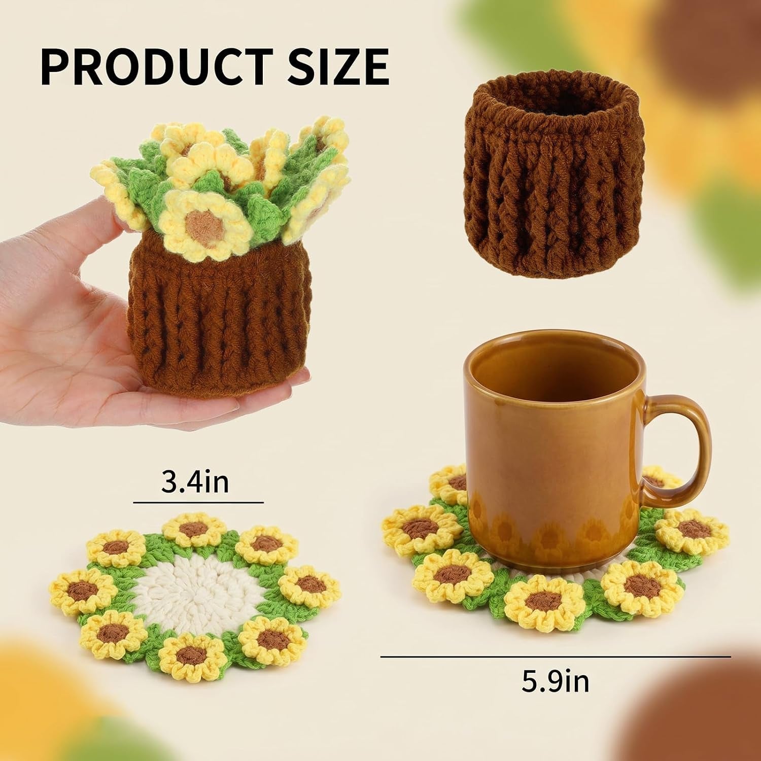 Handmade Crochet Sunflower Coaster, Knitted Flowers Desk Coaster, Absorbent Cute Crochet Flower Coasters for Coffee Tabletop Protection and Home Decor Housewarming Gift