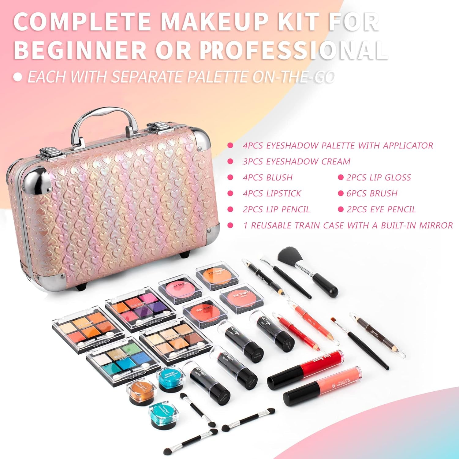 All in One Makeup Set for Teenager Girls, Full Makeup Kit for Beginners Includes Eye Shadow Palette Blush Lip Gloss Lipstick Lip Pencil Eye Pencil Brush Mirror (Pink Heart)
