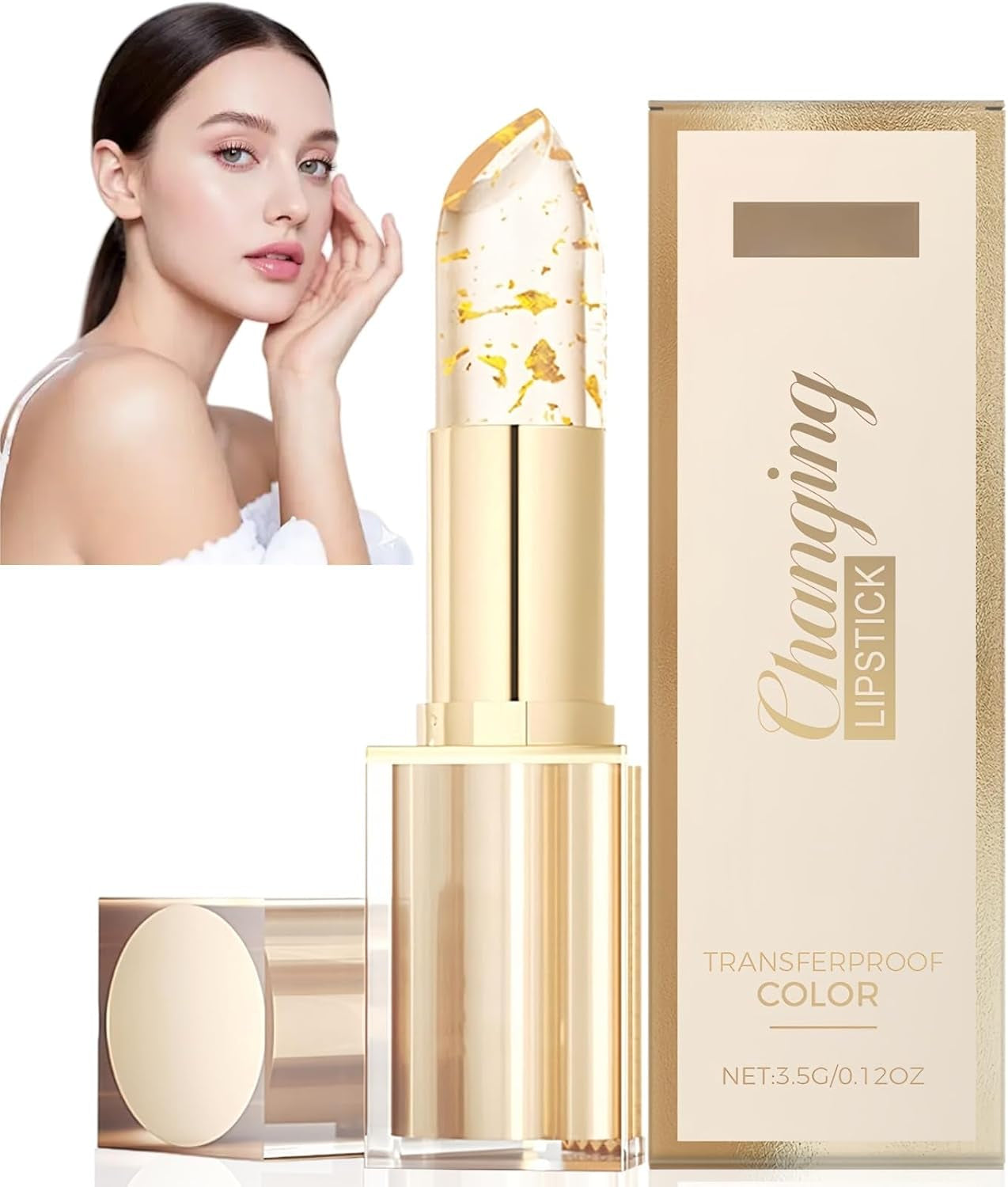 Colour Changing Lipstick with Gold,Transferproof Gold Cry/Stal Temperature Changing Lipstick,Long-Lasting Moisturizing Lip Gloss,Hydrating Clear Lipst/Ick & Flower L/Ip Balm for Dry Cracked Li/Ps