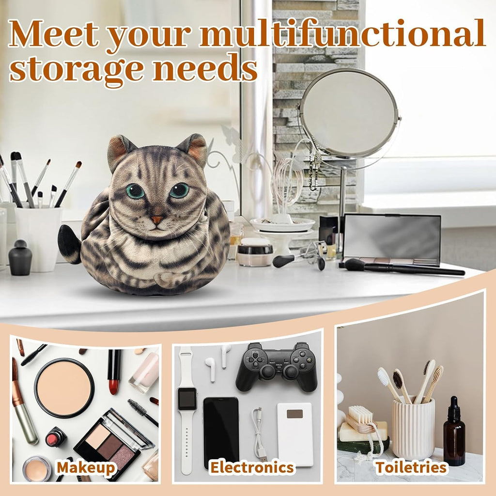 Cat Shaped Drawstring Makeup Bag, Portable Travel Kitten Cosmetic Bag, Flat Lay Toiletry Bag Funny Cat Cosmetic Pouch, Soft Makeup Bag Organizer for Womencat Lovers