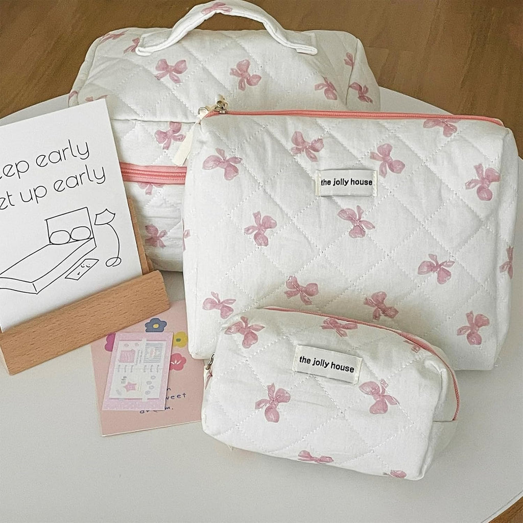 Bow Makeup Bag, 3PCS Large Capacity Quilted Makeup Bag, Portable Cute Makeup Bag, Zipper Cute Cosmetic Bag for Women Girls Travel