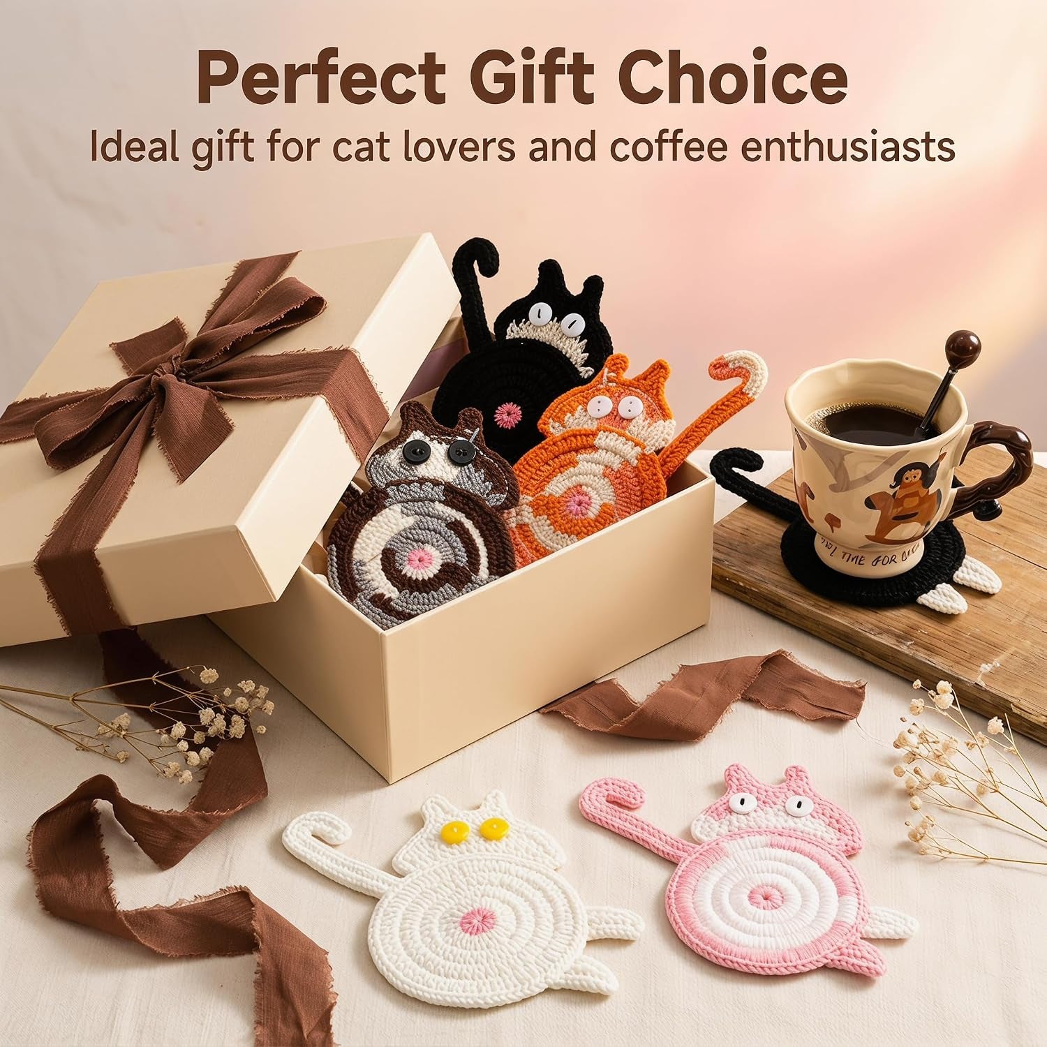 Cat Gifts for Cat Lovers 5PCS Cat Coaster Woven Creative Cute Cat Coaster Insulation Coaster Coffee and Tea Coaster Desktop Gifts
