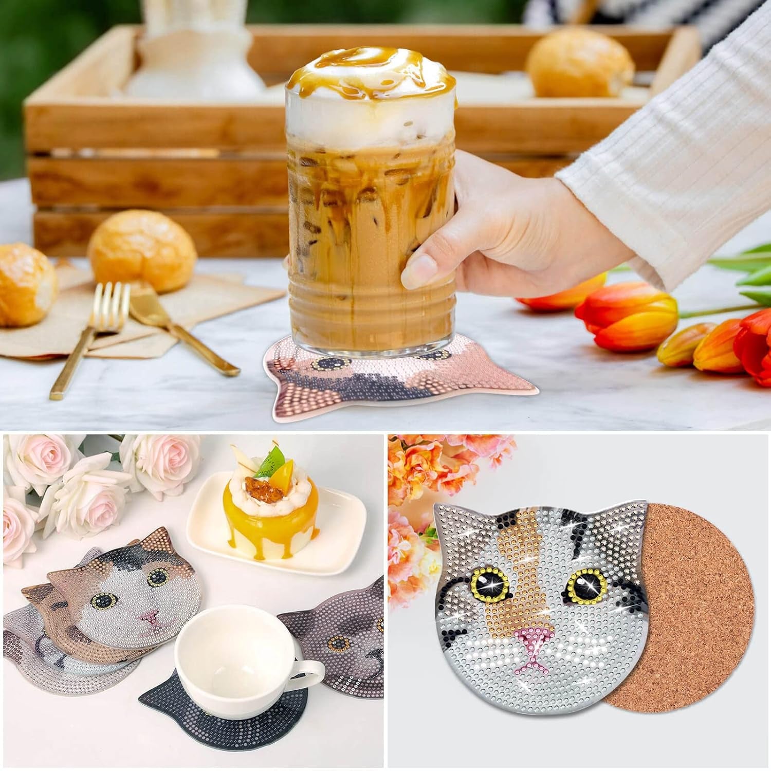 8 Pieces Diamond Painting Coasters Kit with Holder, Diamond Art Coasters, DIY Diamond Art Crafts Projects, Diamond Dot Kits for Adults and Beginners(Cat Style)
