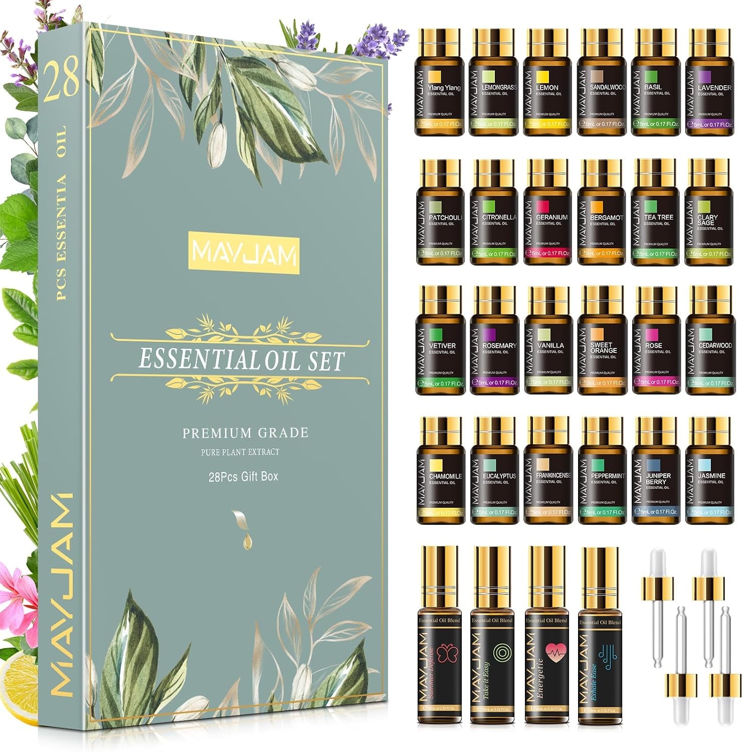 Essential Oils Set, 24 Essential Oil + 4 Blends Essential Oil Roll | Happy, Relax, Air Freshening, for Diffuser, Humidifier, Aromatherapy, Candle & Soap Making, Massage - Essential Oils Gift Set