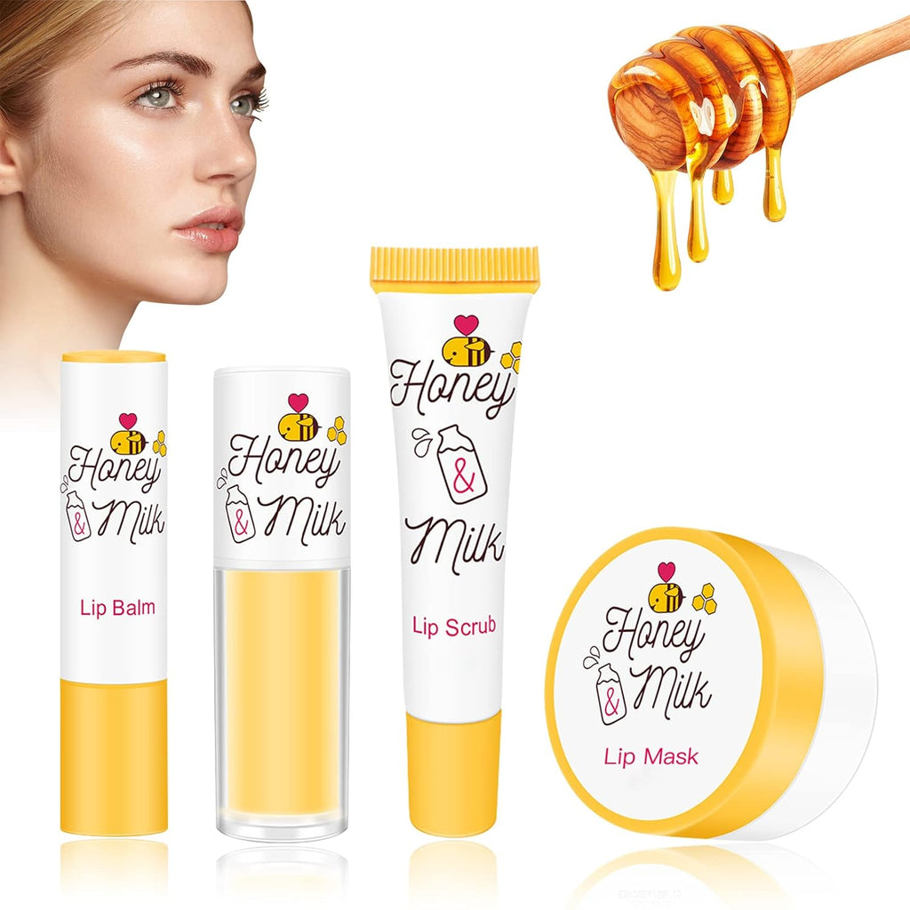 4 Piece Honey Milk Lip Mask Lip Balm Lip Scrub Lip Oil Lip Care Kit