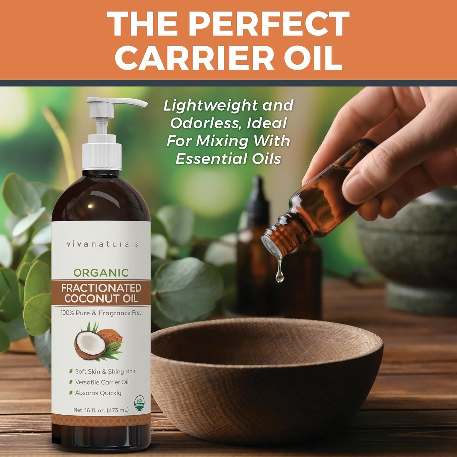 Organic Fractionated Coconut Oil, 16 Fl Oz – Skin & Hair Moisturizer, Massage Oil, Carrier Oil for Essential Oils