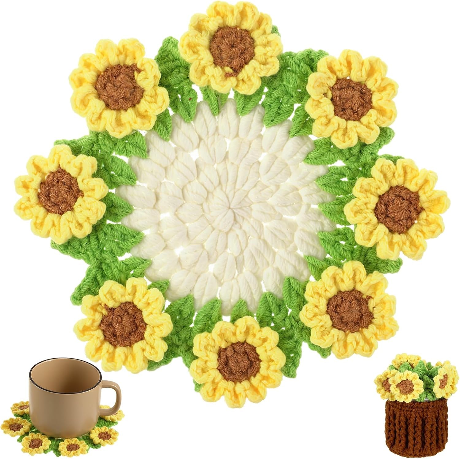 Handmade Crochet Sunflower Coaster, Knitted Flowers Desk Coaster, Absorbent Cute Crochet Flower Coasters for Coffee Tabletop Protection and Home Decor Housewarming Gift