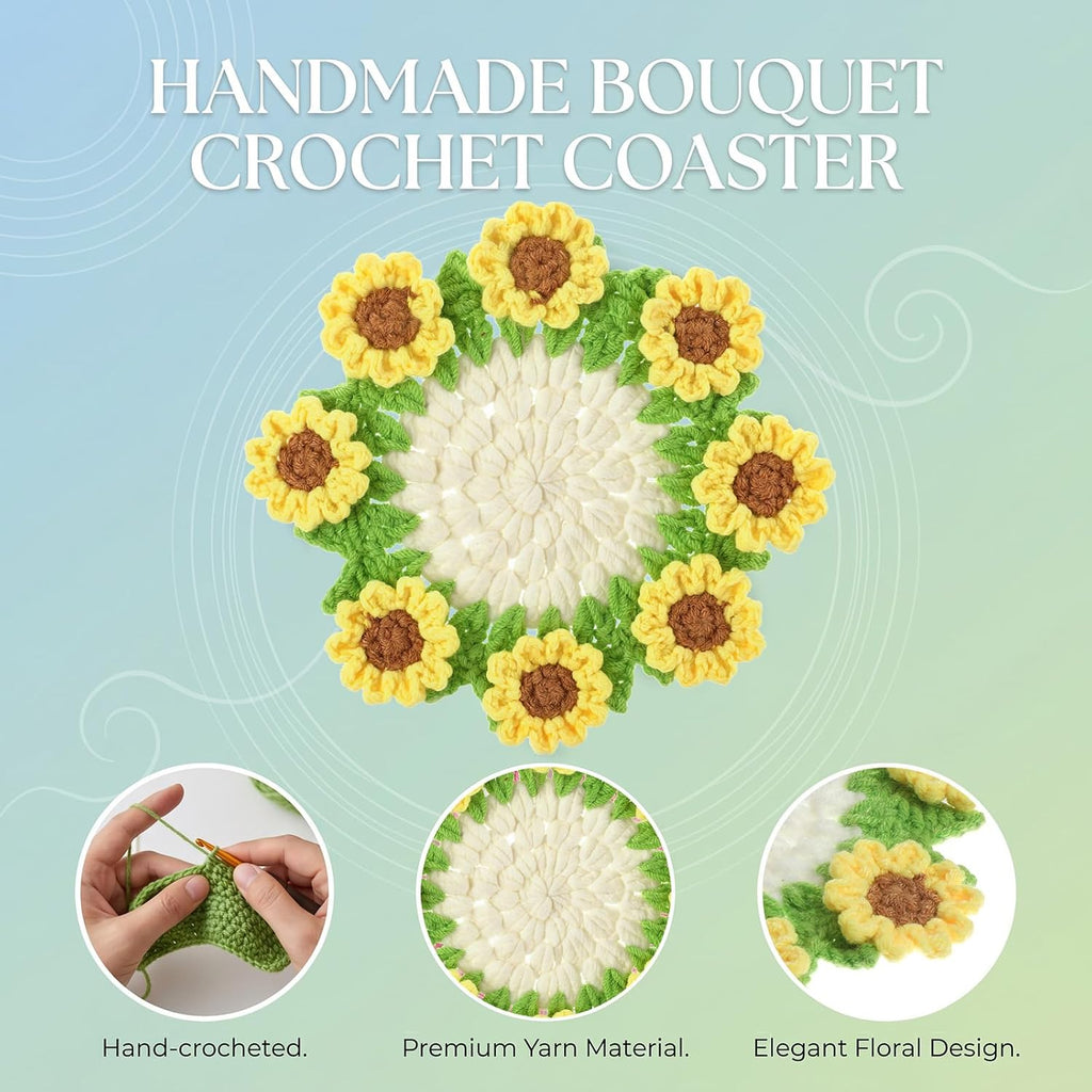 Handmade Crochet Sunflower Coaster, Knitted Flowers Desk Coaster, Absorbent Cute Crochet Flower Coasters for Coffee Tabletop Protection and Home Decor Housewarming Gift