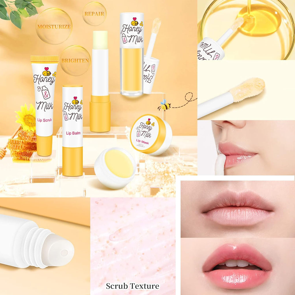 4 Piece Honey Milk Lip Mask Lip Balm Lip Scrub Lip Oil Lip Care Kit