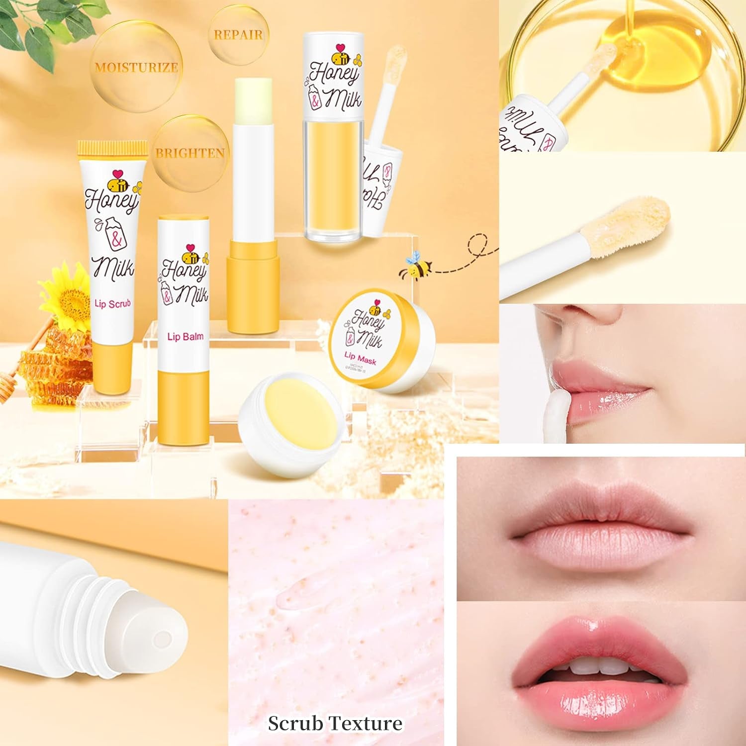 4 Piece Honey Milk Lip Mask Lip Balm Lip Scrub Lip Oil Lip Care Kit