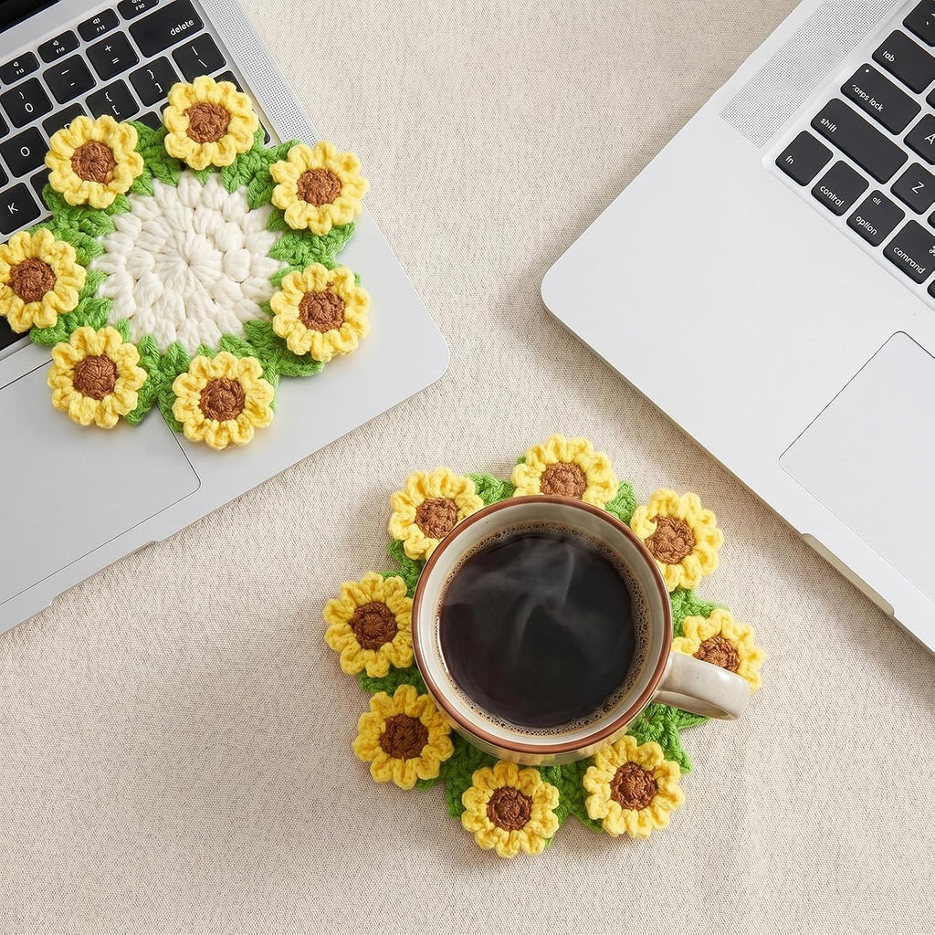 Handmade Crochet Sunflower Coaster, Knitted Flowers Desk Coaster, Absorbent Cute Crochet Flower Coasters for Coffee Tabletop Protection and Home Decor Housewarming Gift