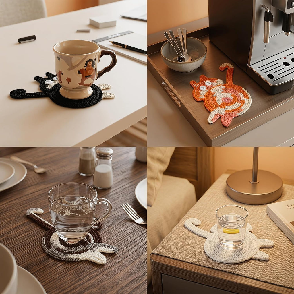 Cat Gifts for Cat Lovers 5PCS Cat Coaster Woven Creative Cute Cat Coaster Insulation Coaster Coffee and Tea Coaster Desktop Gifts