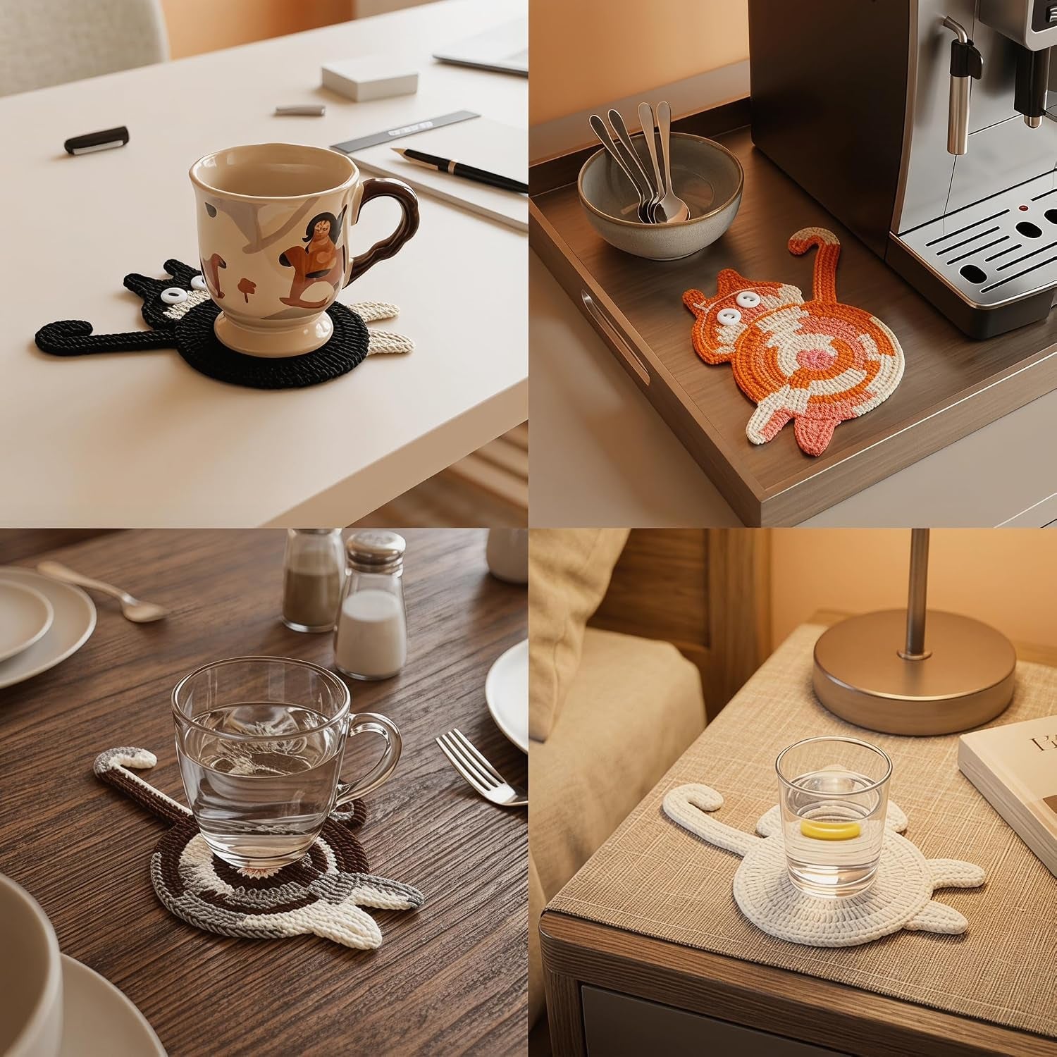 Cat Gifts for Cat Lovers 5PCS Cat Coaster Woven Creative Cute Cat Coaster Insulation Coaster Coffee and Tea Coaster Desktop Gifts