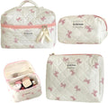 Bow Makeup Bag, 3PCS Large Capacity Quilted Makeup Bag, Portable Cute Makeup Bag, Zipper Cute Cosmetic Bag for Women Girls Travel