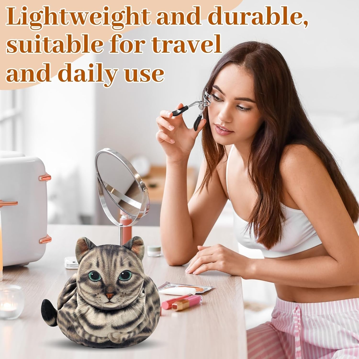 Cat Shaped Drawstring Makeup Bag, Portable Travel Kitten Cosmetic Bag, Flat Lay Toiletry Bag Funny Cat Cosmetic Pouch, Soft Makeup Bag Organizer for Womencat Lovers