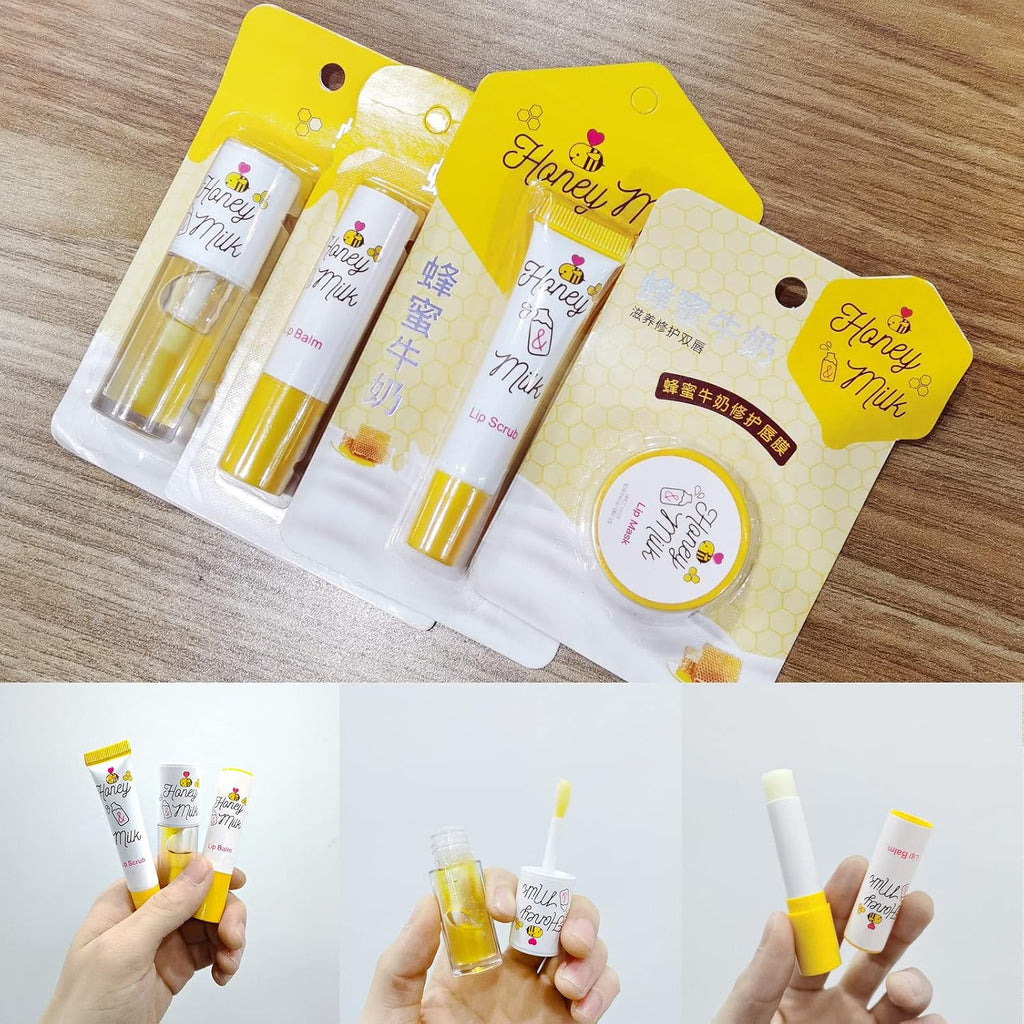 4 Piece Honey Milk Lip Mask Lip Balm Lip Scrub Lip Oil Lip Care Kit