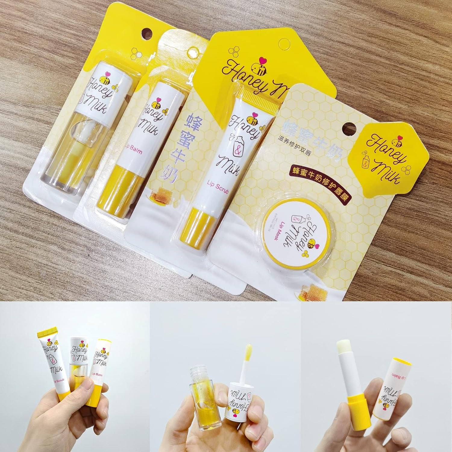 4 Piece Honey Milk Lip Mask Lip Balm Lip Scrub Lip Oil Lip Care Kit