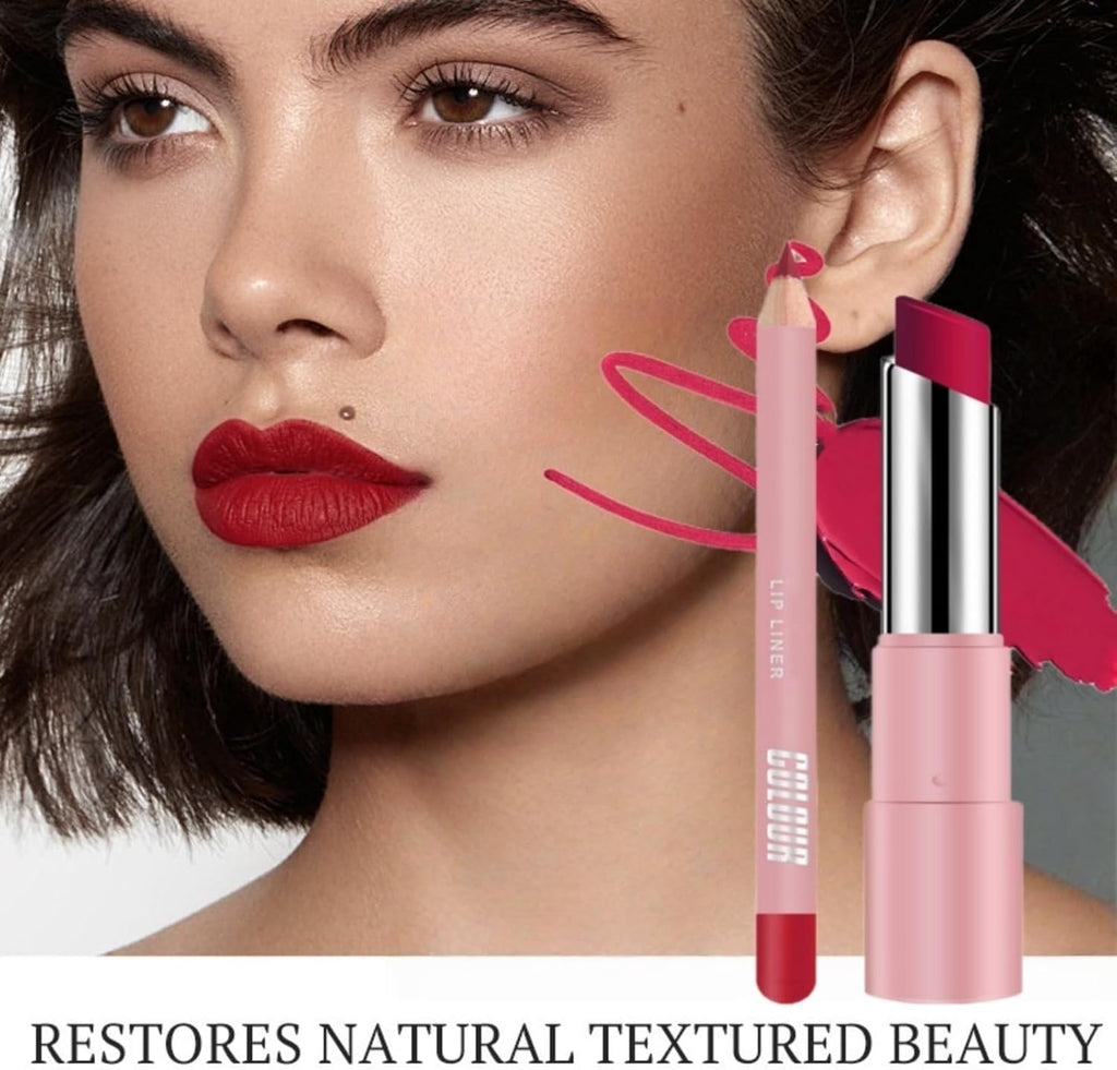 2-In-1 Lipstick Lip Liner Set,Long Lasting Waterproof Matte Lipstick & Lip Liner Kit,High Pigm/Ented Red Lipstick,Non-Stick Cup Lip Gloss Set,Lip Liner and Lipstick Set for Daily & Holiday,03#