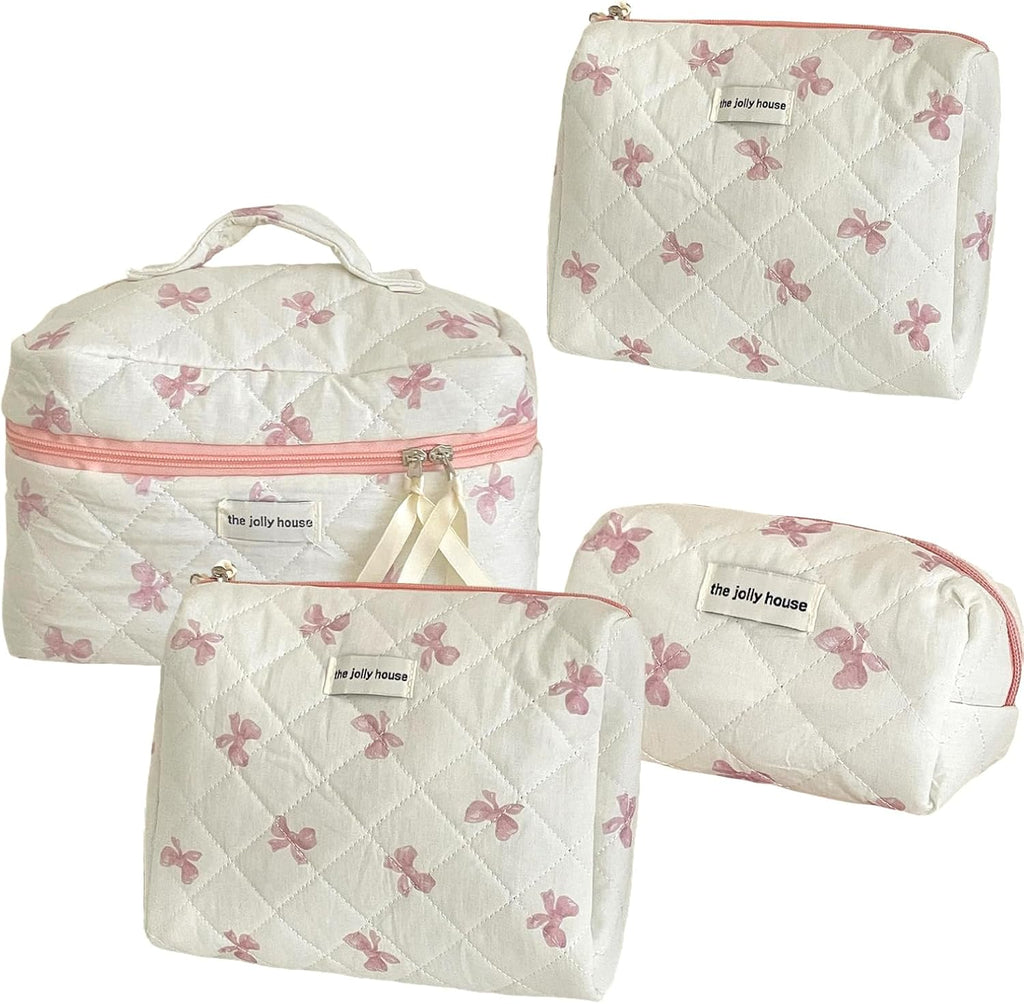 Bow Makeup Bag, 3PCS Large Capacity Quilted Makeup Bag, Portable Cute Makeup Bag, Zipper Cute Cosmetic Bag for Women Girls Travel