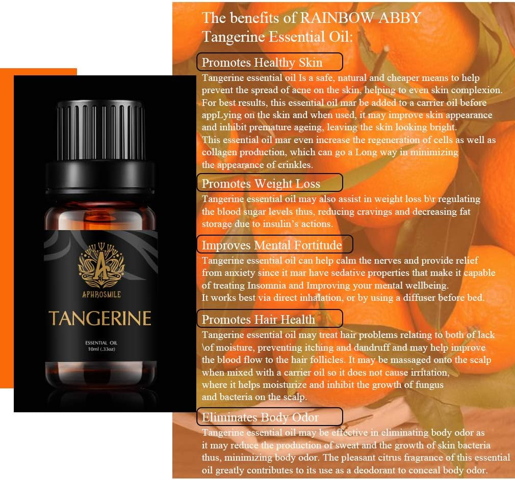 Tangerine Aromatherapy Essential Oil, 100% Pure Tangerine Scent Essential Oil for Diffusers, Humidifier, Therapeutic Grade Aromatherapy Tangerine Scent Essential Oil Fragrance for Massage 0.33Oz-10Ml