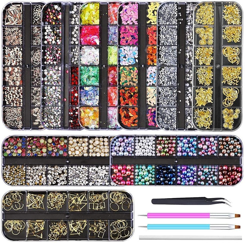9 Boxes Nail Rhinestones Glitter Gems Diamonds Studs Crystals Sequins Kit with 1 Tweezers and 3 Pen for Nail Art Supplies Accessories