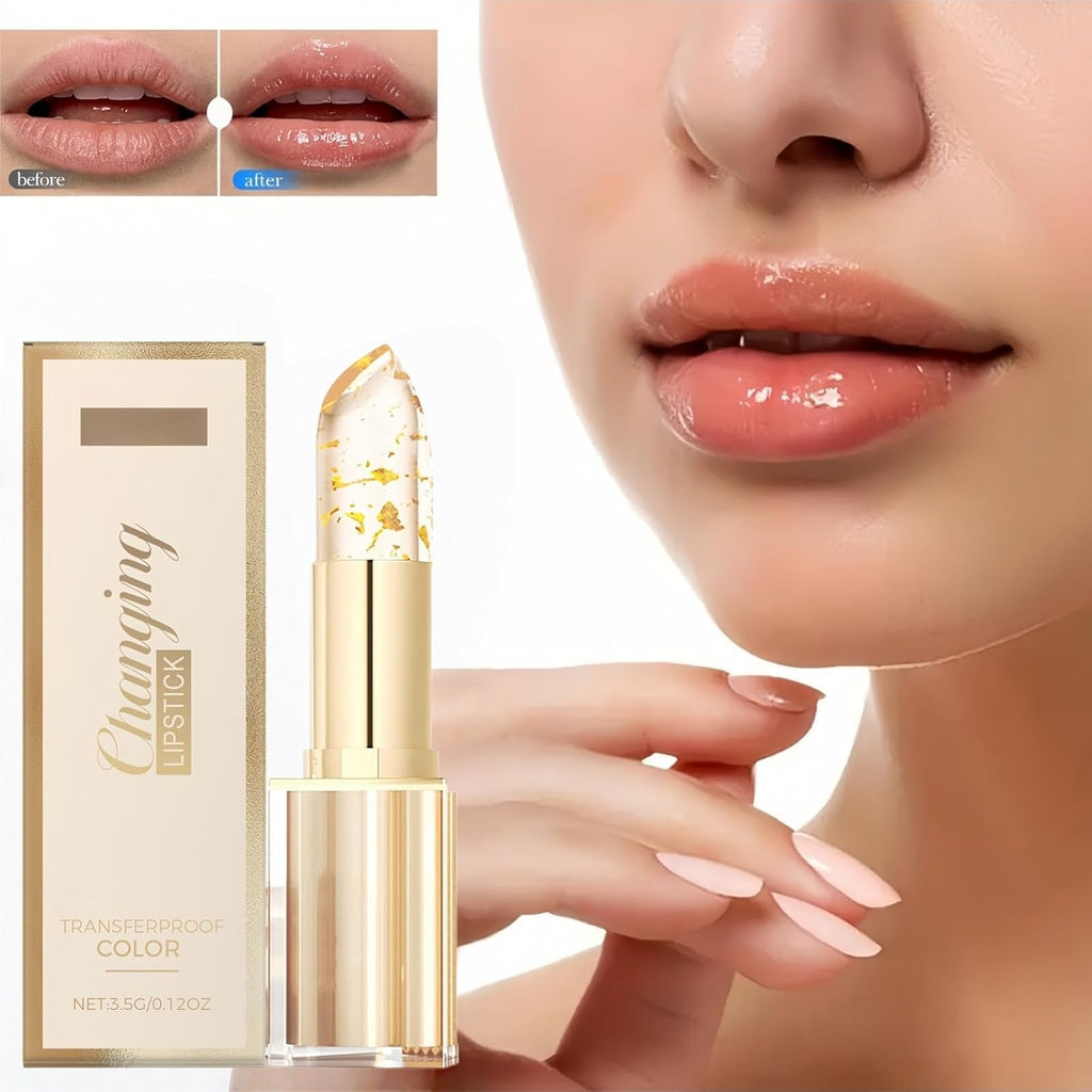 Colour Changing Lipstick with Gold,Transferproof Gold Cry/Stal Temperature Changing Lipstick,Long-Lasting Moisturizing Lip Gloss,Hydrating Clear Lipst/Ick & Flower L/Ip Balm for Dry Cracked Li/Ps
