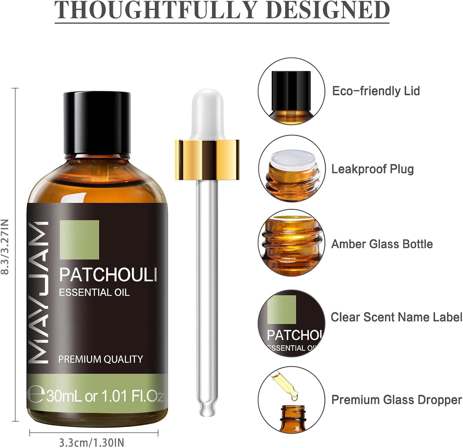 Patchouli Essential Oil 30ML - Premium Diffuser Oil | with Glass Dropper, Long Lasting Aroma, for Diffuser, Aromatherapy, Massage, Candle and Soap Making, Bedroom, Office