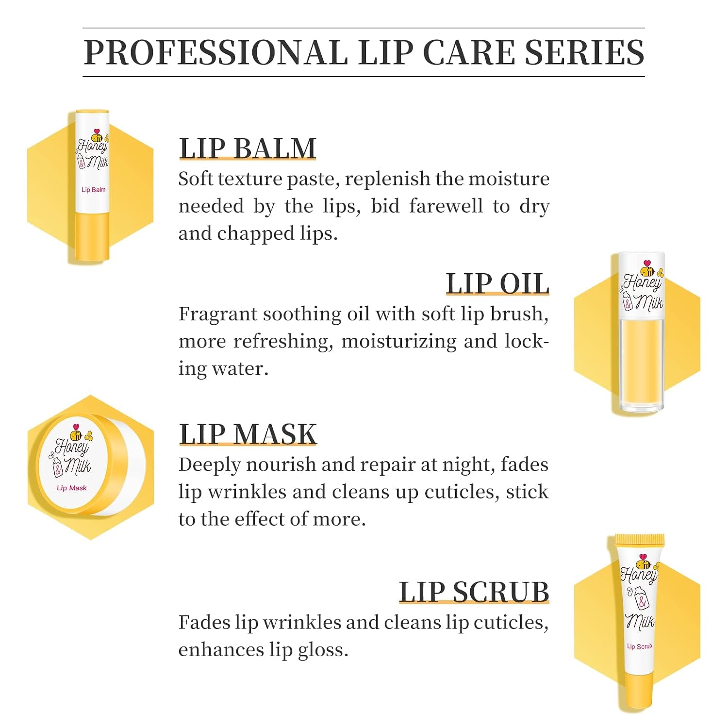 4 Piece Honey Milk Lip Mask Lip Balm Lip Scrub Lip Oil Lip Care Kit