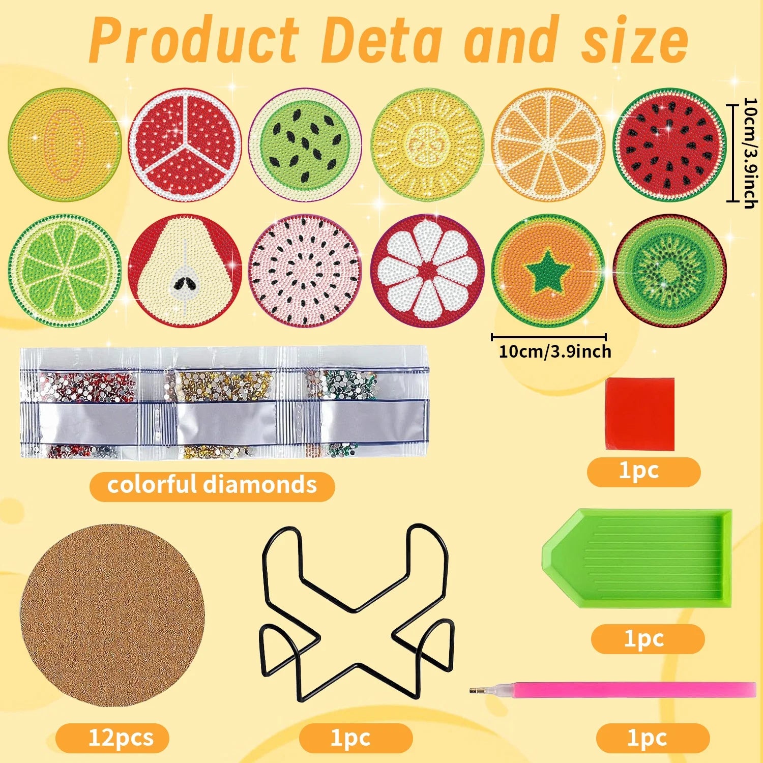 12 Pieces Diamond Art Painting Coasters Kit with Holder, Diamond Art Coasters, DIY Diamond Crafts Projects, Diamond Dot Kits for Adults and Beginners(Fruit Style)