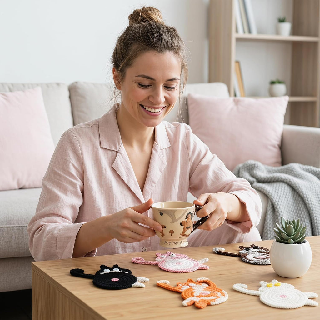 Cat Gifts for Cat Lovers 5PCS Cat Coaster Woven Creative Cute Cat Coaster Insulation Coaster Coffee and Tea Coaster Desktop Gifts